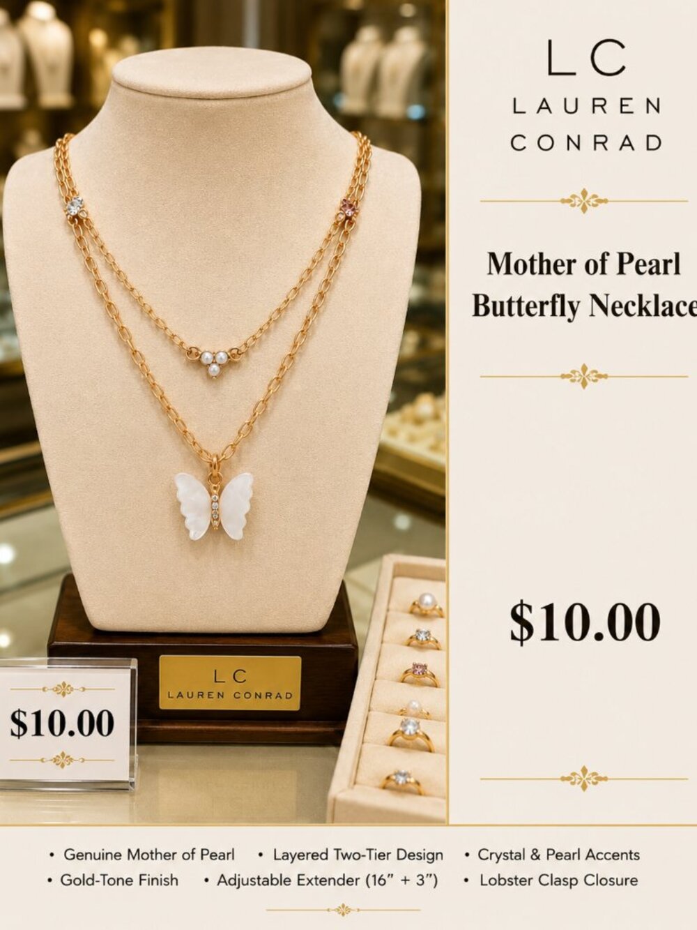 Lauren Conrad (LC) Genuine Mother of Pearl Butterfly Layered Necklace